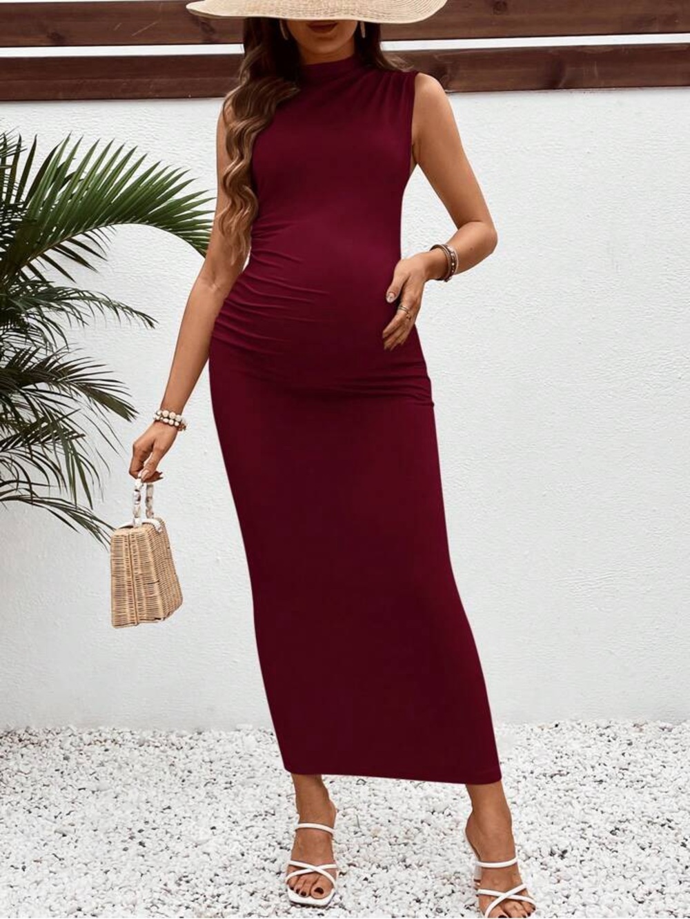 Sleeveless Burgundy Maternity Maxi Dress